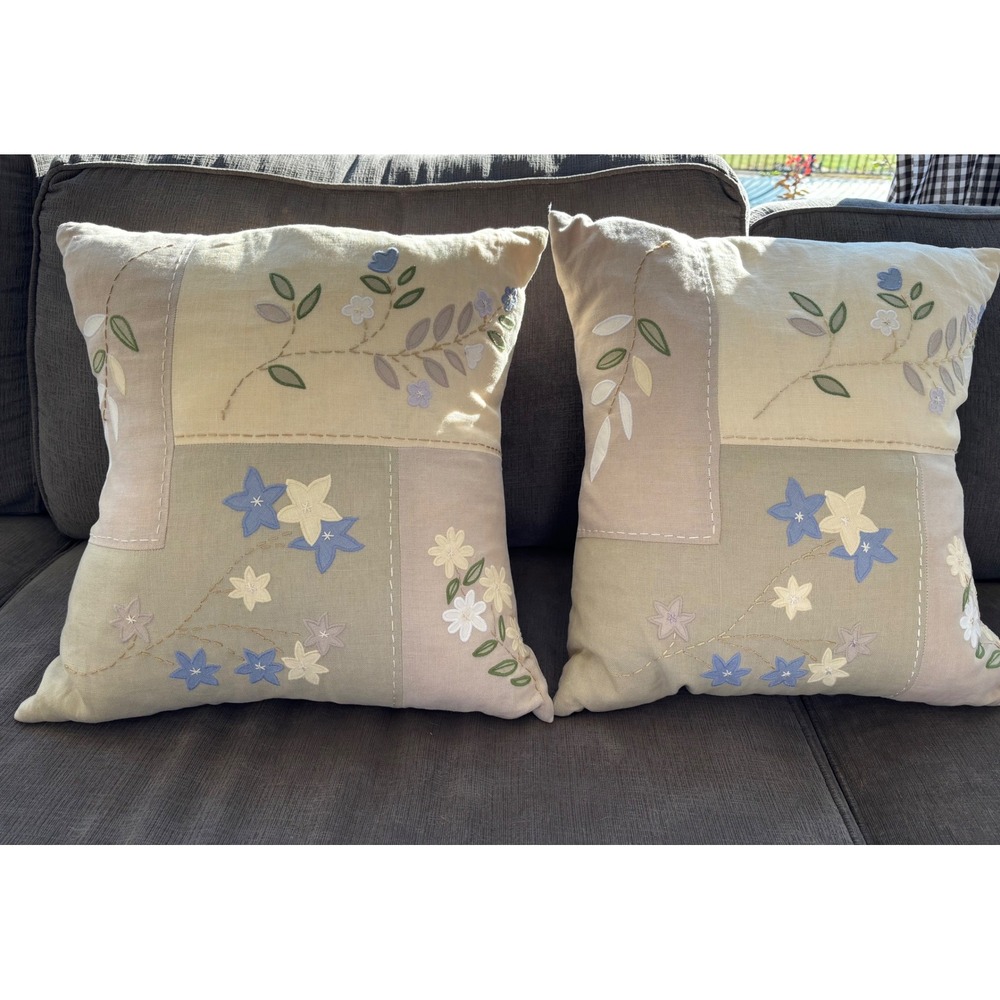Pottery Barn Embroidered Floral Linen Throw Pillows Set of 2 18x18 Down Feathers